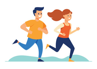 A cheerful couple jogs side by side in an outdoor
