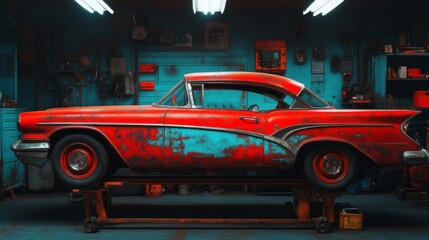 Fototapeta premium A vintage red car awaits restoration in a nostalgic garage full of tools and history