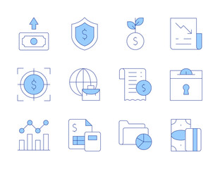 Finance icons. Line Duotone style, editable stroke. finance, investment, savings, target, transaction history, analytics, fluctuation, shield, worldwide, money, newspaper