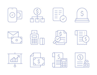 Finance icons. Thin Line style, editable stroke. accept, audit, budget, mobile payment, money, presentation, stone, transaction history, unsecured loan, cost, edc, financing