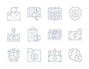 Finance icons. Thin Line style, editable stroke. calendar, cash, profits, liability, money, pie chart, shield, time is money, world, audit, budget, finance