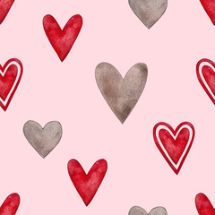 Festive watercolor pattern red grey bow and heart