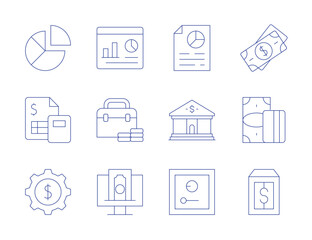 Finance icons. Thin Line style, editable stroke. data management, finance, gear, dashboard, funding, analysis, bank, business and finance, money, price tag