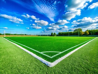 Obraz premium Candid View of an Empty Green Artificial Grass Soccer Field Highlighting White Lines and Corner Details Under a Clear Blue Sky for Sports and Recreation Photography