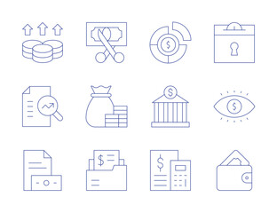 Finance icons. Thin Line style, editable stroke. profits, research, salary, savings, vision, wallet, cut, finance, folder, allocation, bank, budget
