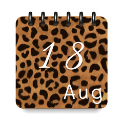 August. Leopard print calendar daily icon. White letters. Date day week Sunday, Monday, Tuesday, Wednesday, Thursday, Friday, Saturday.