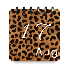 August. Leopard print calendar daily icon. White letters. Date day week Sunday, Monday, Tuesday, Wednesday, Thursday, Friday, Saturday.