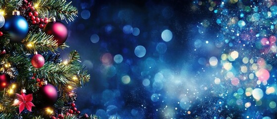 Sparkling Christmas Tree Ornaments and Festive Blue Bokeh Background