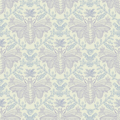 Fototapeta premium Bee and Floral Seamless Pattern: Elegant Vector Illustration for Fabrics, Wallpapers, and Packaging Design