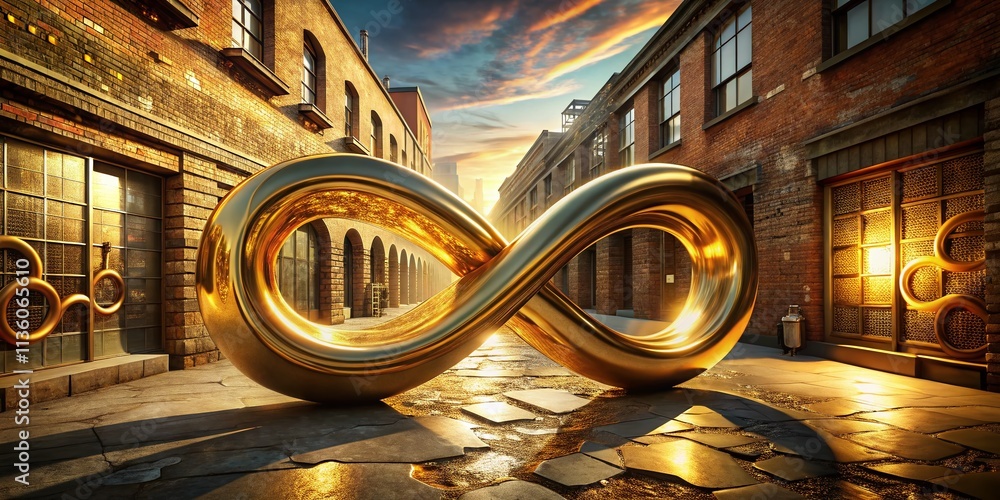 Poster captivating 3d render of a swirling golden shape representing infinity in an urban exploration setti