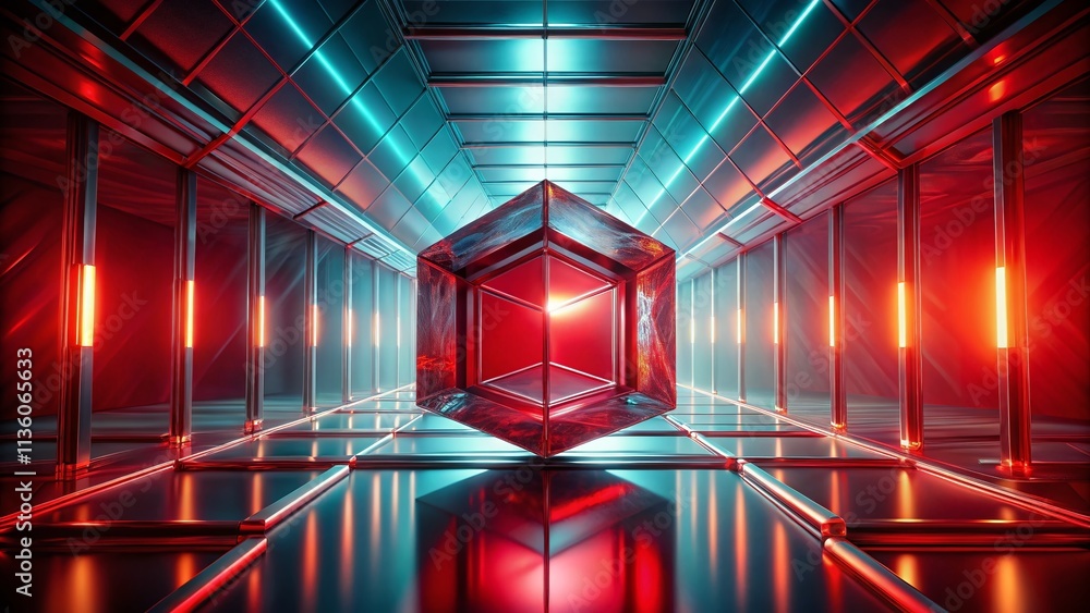 Poster captivating 3d render of a cubic tunnel featuring a large floating red translucent cube, showcasing 