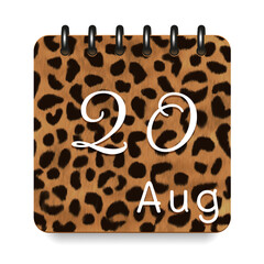 August. Leopard print calendar daily icon. White letters. Date day week Sunday, Monday, Tuesday, Wednesday, Thursday, Friday, Saturday.