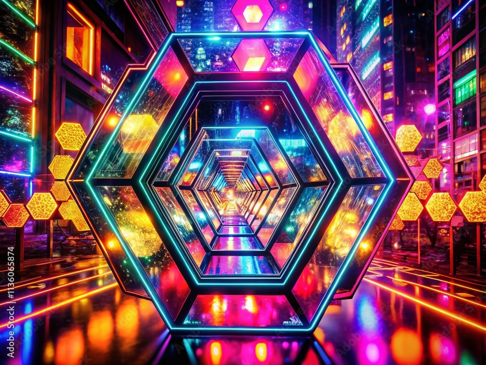 Aufkleber captivating abstract hexagon pattern illuminated by vibrant neon lights in a double exposure photogr