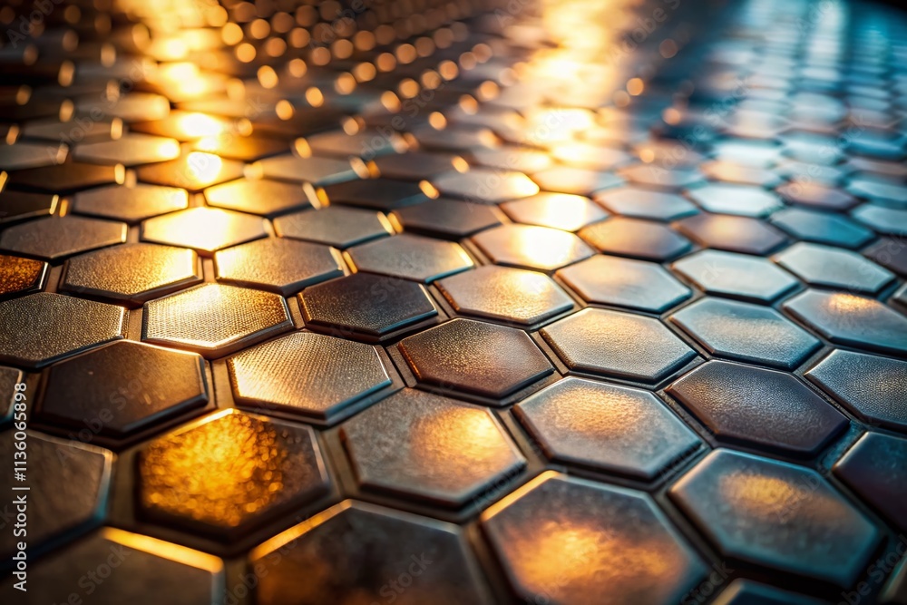 Poster Captivating Abstract Pattern of Hexagonal Tiles in Low Light with a Softly Blurred Background Creating a Unique Visual Experience for Interior Design and Artistic Projects