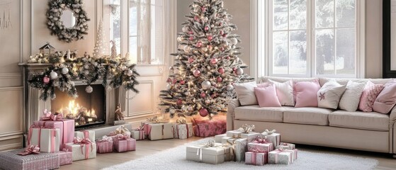 Elegant Christmas Living Room with Pink and Silver Decor, Presents, and Fireplace