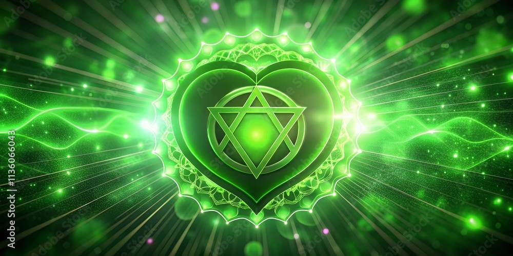 Poster captivating animation of a green heart chakra symbol with high depth of field, emphasizing spiritual