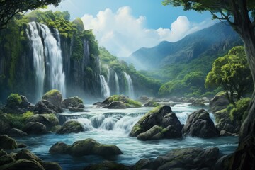 Fototapeta premium Multiple waterfalls flowing into a river surrounded by lush vegetation and mountains, creating a picturesque landscape