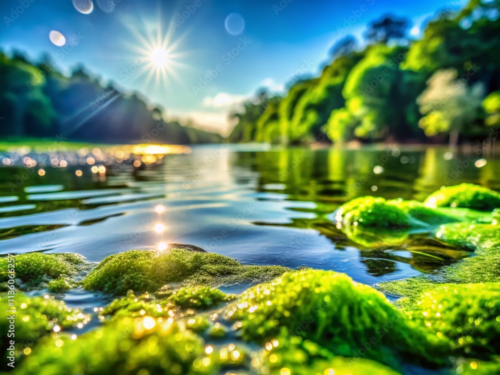 Poster captivating bokeh effect over a vast surface of algae in a tranquil waterbody, showcasing nature's b