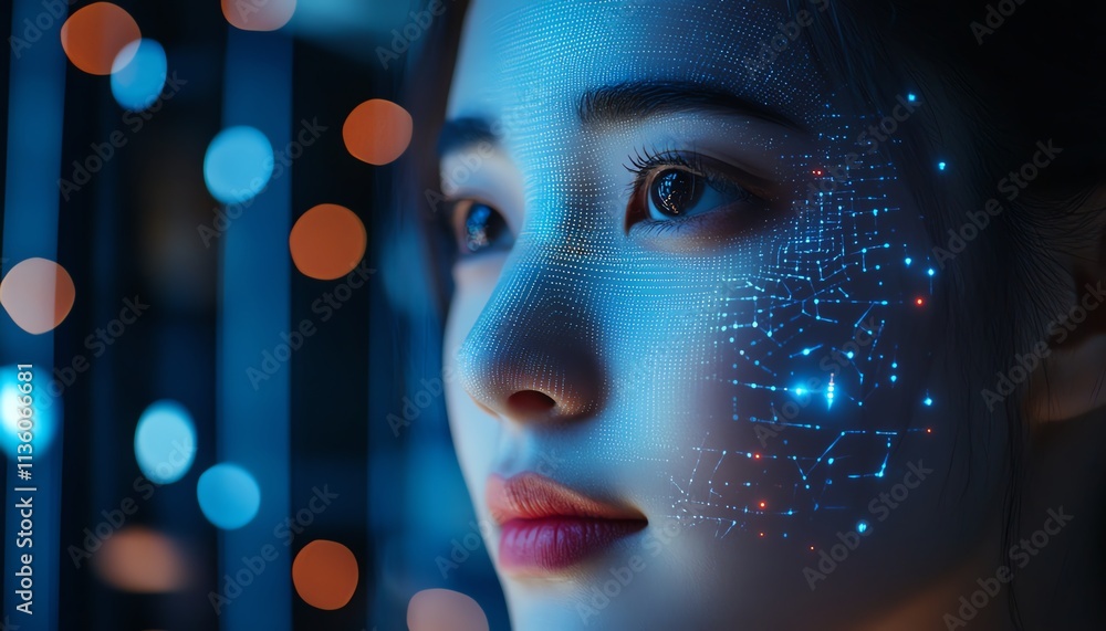 Poster closeup of a person s face interacting with a virtual biometric face recognition system, digital dat
