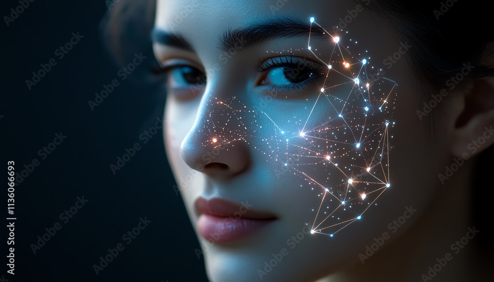 Poster closeup of a person s face interacting with a virtual biometric face recognition system, digital dat