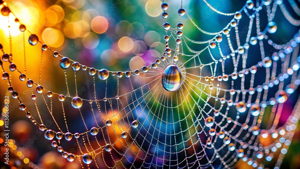 Poster captivating close-up of a spider web adorned with rain droplets, perfectly positioned with ample cop