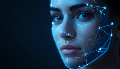 Closeup of a person s face scanned by biometric face recognition technology, digital data streams on dark blue background, futuristic aesthetic