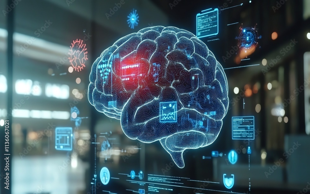Poster digital human brain with floating ai icons and diagnostic charts, symbolizing artificial intelligenc