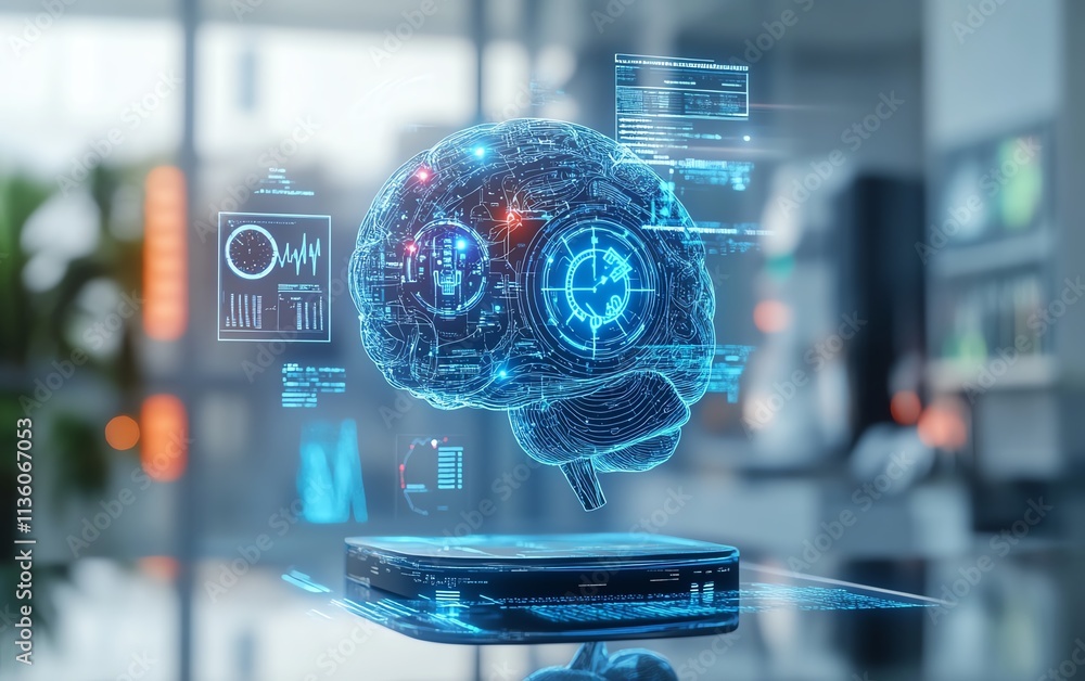Poster digital human brain with floating ai icons and diagnostic charts, symbolizing artificial intelligenc