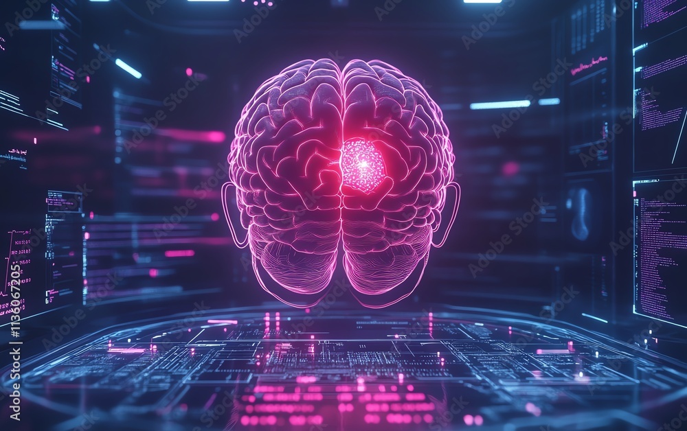 Poster digital human head with glowing brain, surrounded by data charts and ai elements, symbolizing ai in 