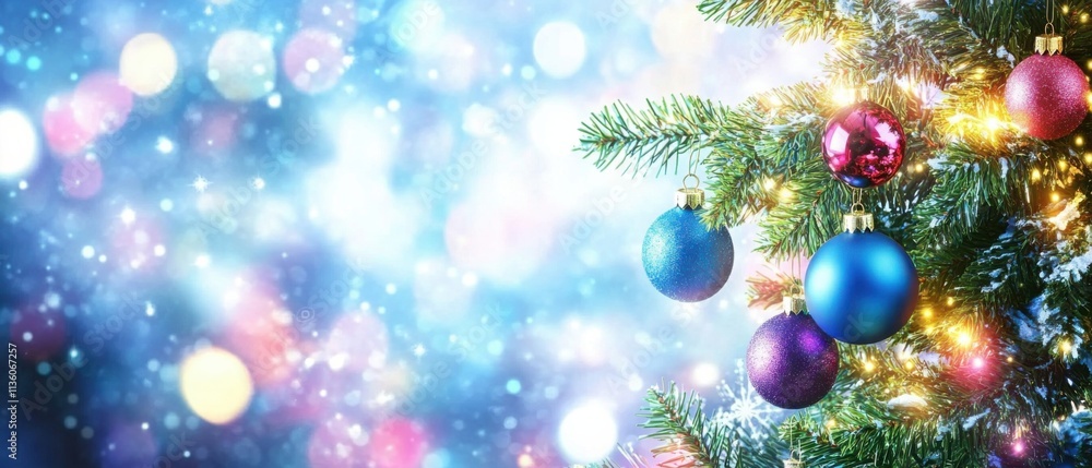 Poster sparkling christmas tree ornaments with festive lights and bokeh background
