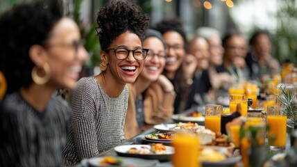 A joyful group of women dining together, enjoying food and drinks, with vibrant smiles and a lively atmosphere.
