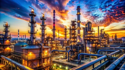 Fototapeta premium Captivating Double Exposure of a Refinery Complex with Gas Production Rigs Merging with Endless Steel Structures for an Industrial Aesthetic