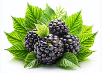 Captivating Double Exposure of Black Blackberry Fruit Merging with Nature Elements on a Crisp White Background for Freshness and Vibrancy