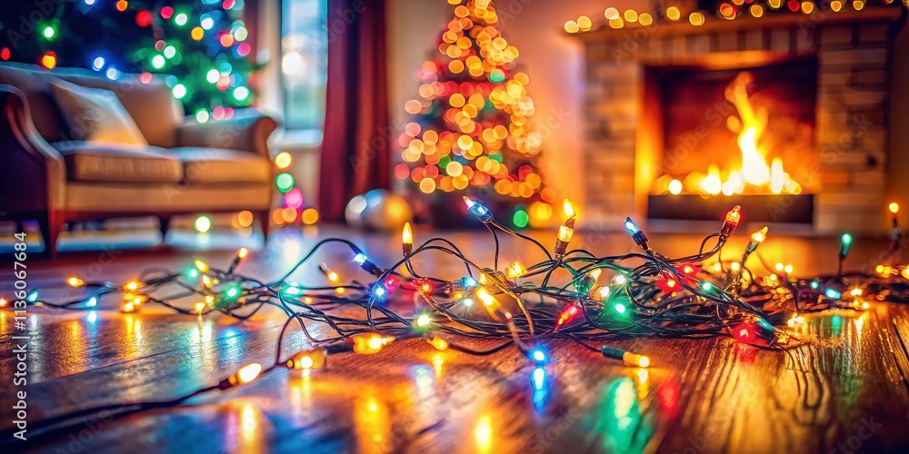 Poster captivating double exposure of twinkling holiday string lights intertwined on the floor, creating a 