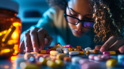 woman examines various pills and capsules on table, focused and intent