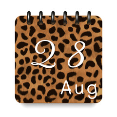 August. Leopard print calendar daily icon. White letters. Date day week Sunday, Monday, Tuesday, Wednesday, Thursday, Friday, Saturday.