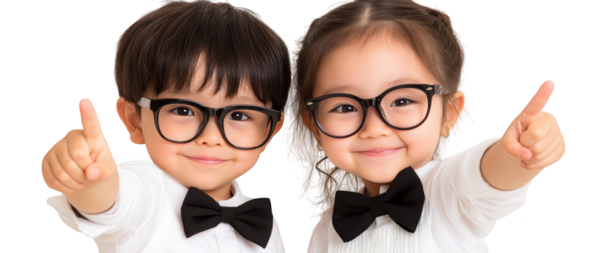Two inquisitive girls with glasses explore and point, embarking on a journey of playful learning discovery
