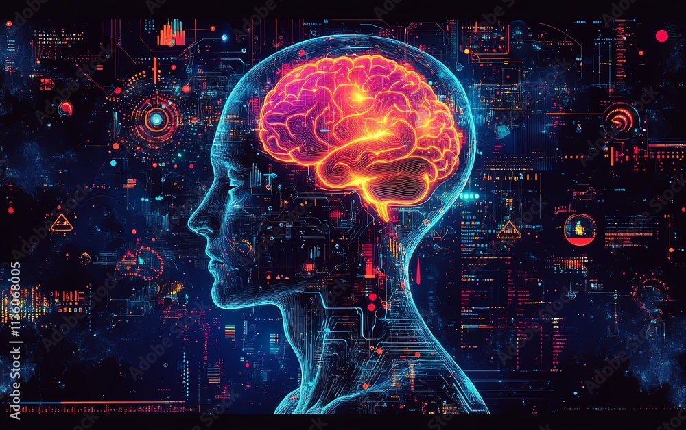 Poster head of a digital human with glowing brain and floating ai elements, healthcare data charts and accu