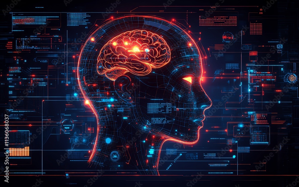 Aufkleber head of a digital human with glowing brain and floating ai elements, healthcare data charts and accu