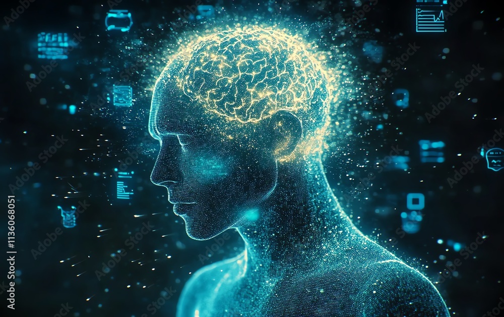 Poster head of a digital human with glowing brain and floating ai elements, healthcare data charts and accu