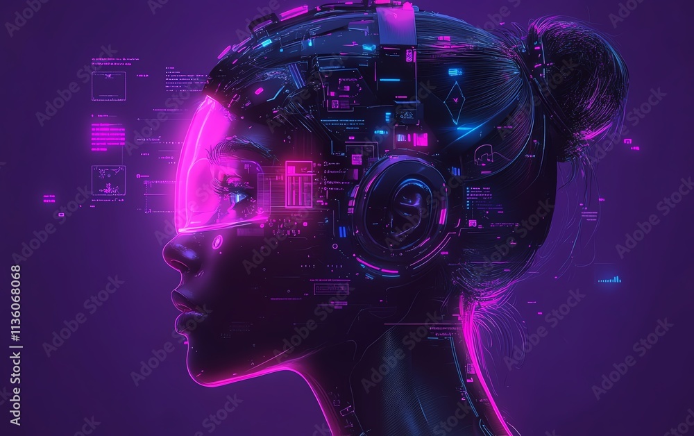 Poster head of a digital human with glowing brain and floating ai elements, healthcare data charts and accu