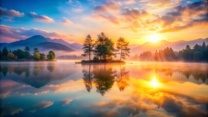 Fototapeta premium Captivating Double Exposure Photography of Early Morning Sunrise with Soft Focus, Blending Nature's Beauty and Serenity for a Dreamy Atmosphere