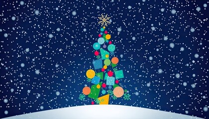 Abstract Christmas Tree Design Made From Multicolored Shapes. Surrounded by Falling Snow. Free Christmas Background. Chrismas Wallpaper. Cool Wallpaper 4k