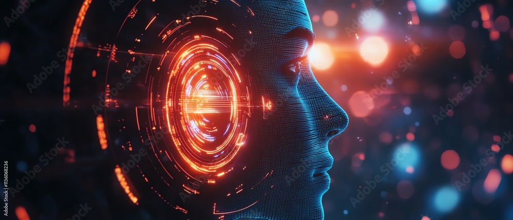 Aufkleber human interacting with a futuristic face recognition system, biometric facial data visualized on a g