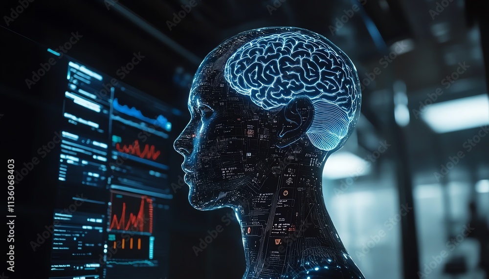 Poster humanlike digital head with advanced brain scan and ai elements, displaying healthcare data charts a