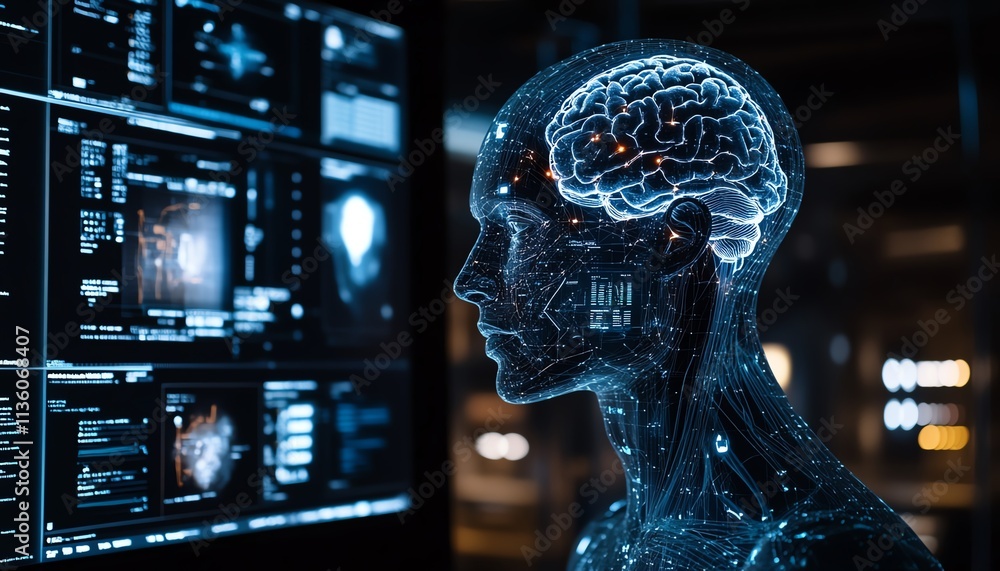 Poster humanlike digital head with advanced brain scan and ai elements, displaying healthcare data charts a