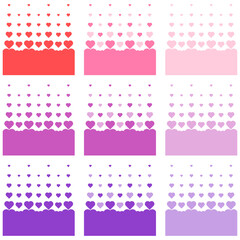9種類の様々なサイズのハート模様、赤とピンクと紫の様々な濃淡がある