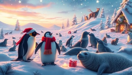 Magical Winter Landscape with Animals Like Penguins and Seals Celebrating Christmas in a Snowy Environment. Free Christmas Background. Chrismas Wallpaper. Cool Wallpaper 4k