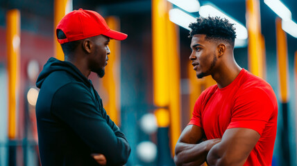 Young athletes discussing training strategies in gym setting