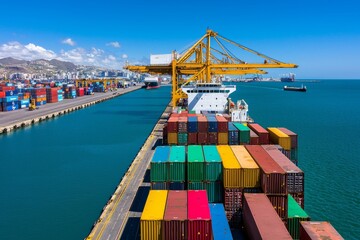 Naklejka premium Container Ship at Port Cargo Global Trade Shipping Logistics